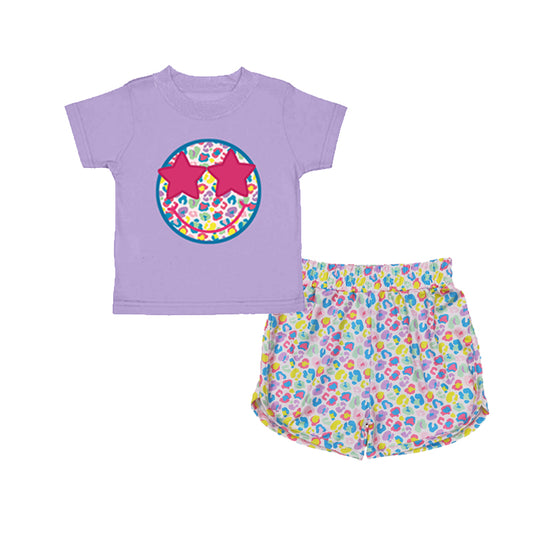 presale GSSO2562  Baby Girls Lavender Short Sleeves Smile Top Colorful Leopard Short Set  D 4.8