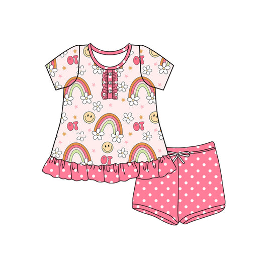 presale GSSO2564  Baby Girls Short Sleeves Button Rainbows Smiles Tunic Polka Dots Short Set D 4.8