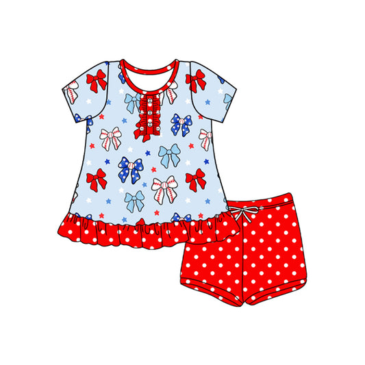 presale GSSO2566 Baby Girls Button Blue Red Bows Stars Tunic Polka Dots Short 4th Of July Set  D 4.8