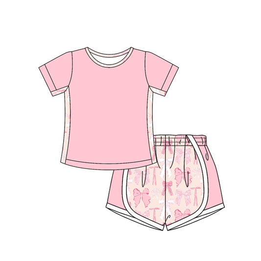 presale GSSO2568  Baby Girls Pink Short Sleeves Top Bows Shorts Set D 4.8