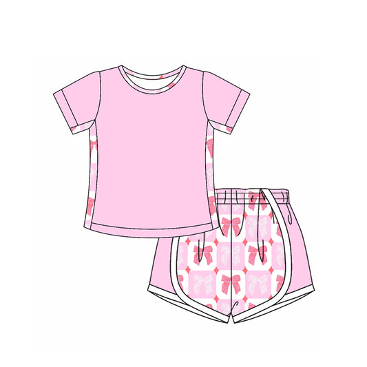 presale GSSO2569 Baby Girls Pink Short Sleeves Top Bows Plaid Shorts Set D 4.8