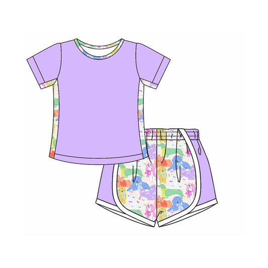 presale GSSO2570  Baby Girls Purple Short Sleeves Top Colorful Dogs Shorts Set D 4.8