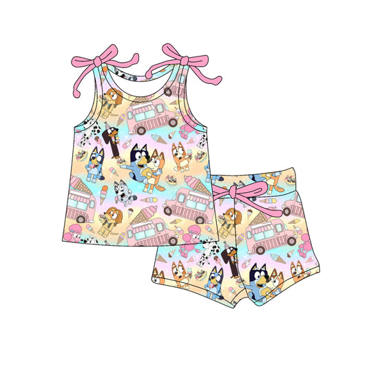 presale GSSO2574 Baby Girls Pink Bows Sleeveless Cartoon Dogs Ice Cream Top Short Set  D 4.9