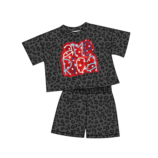 presale GSSO2576 Baby Girls Black Leopard American Stars Top Short 4th Of July Pajamas Set  D 4.9