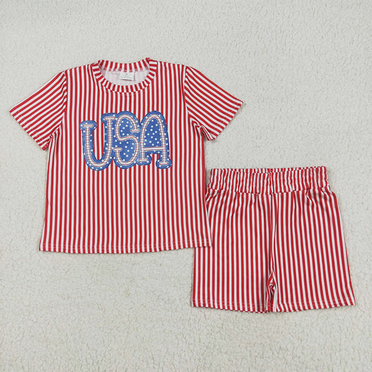 GSSO2577  Baby Girls Red Stripe USA Top Short 4th Of July Pajamas Set  D 4.9