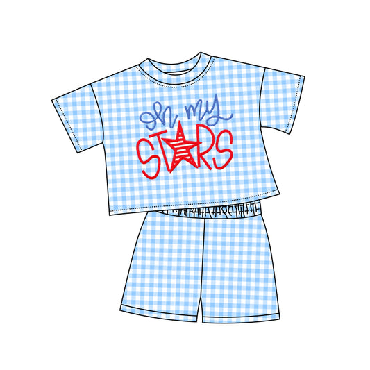 presale GSSO2578 Baby Girls Blue Plaid My Stars Top Short 4th Of July Pajamas Set D 4.9