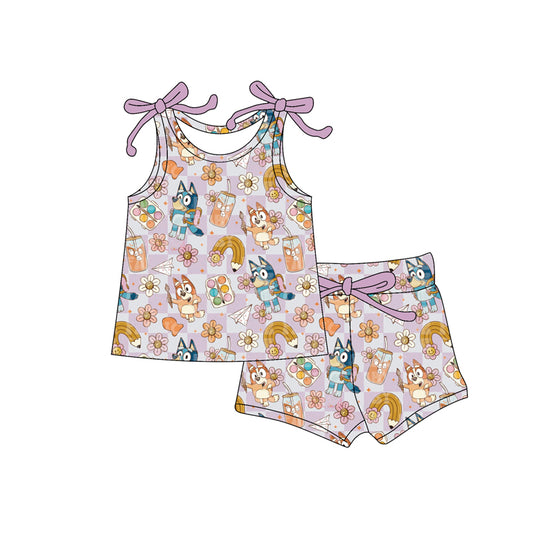 presale GSSO2579  Baby Girls Lavender Sleeveless Cartoon Dogs Pencils Top Short Set D 4.9