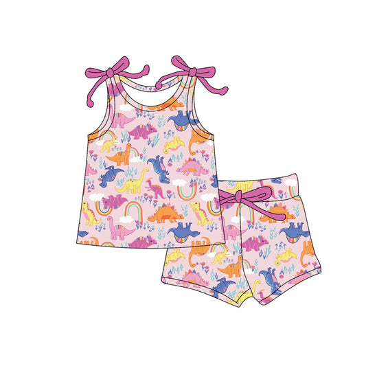presale GSSO2580 Baby Girls Pink Sleeveless Colorful Dinosaurs Top Short Set D 4.11