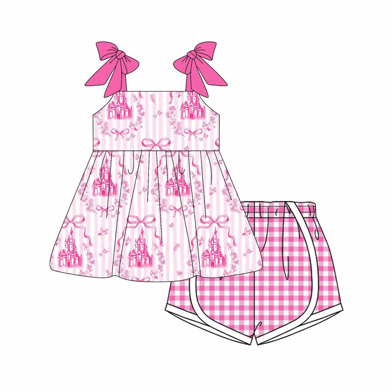GSSO2582 Baby Girls Pink Strap Castles Bows Tunic Plaid Short Set D 6.23