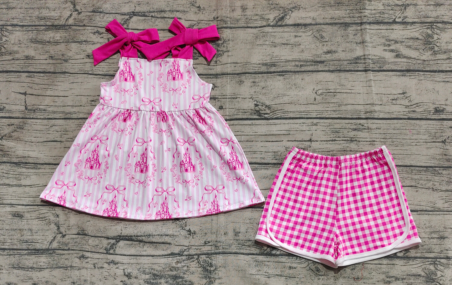 GSSO2582 Baby Girls Pink Strap Castles Bows Tunic Plaid Short Set D 6.23