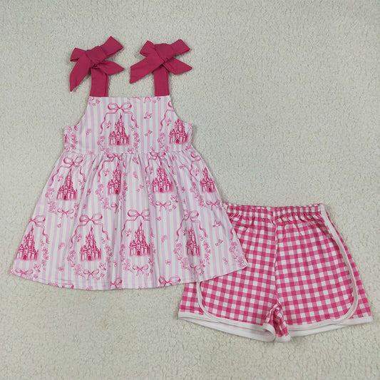 GSSO2582 Baby Girls Pink Strap Castles Bows Tunic Plaid Short Set D 6.23