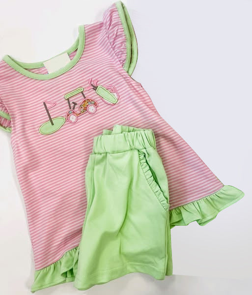 presale GSSO2583 Baby Girls Pink Stripe Flutter Sleeves Golf Tunic Green Ruffle Pockets Short Set D 4.11