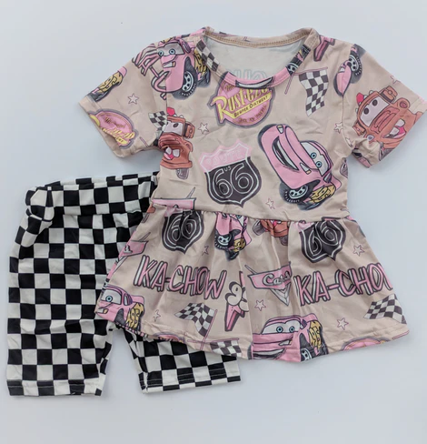presale GSSO2584  Baby Girls Khaki Short Sleeves Cartoon Cars Tunic Black Short Set D 4.12