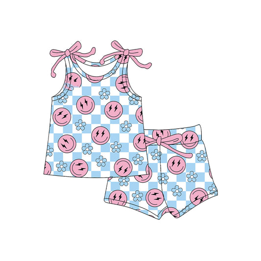 presale GSSO2585 Baby Girls Sleeveless Pink Smiles Blue Plaid Flowers Top Short Set  D 4.12