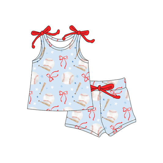 presale GSSO2586 Baby Girls Sleeveless Bows Baseballs Top Short Set D 4.12