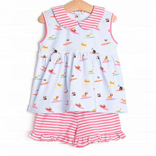 presale GSSO2587 Baby Girls Pink Sleeveless Colorful Dinosaurs Top Short Set D 4.12