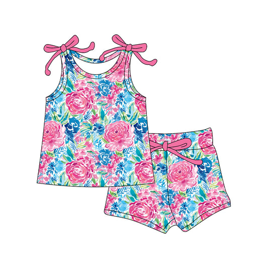 presale GSSO2588 Baby Girls Sleeveless Pink Watercolor Floral Top Short Set D 4.12
