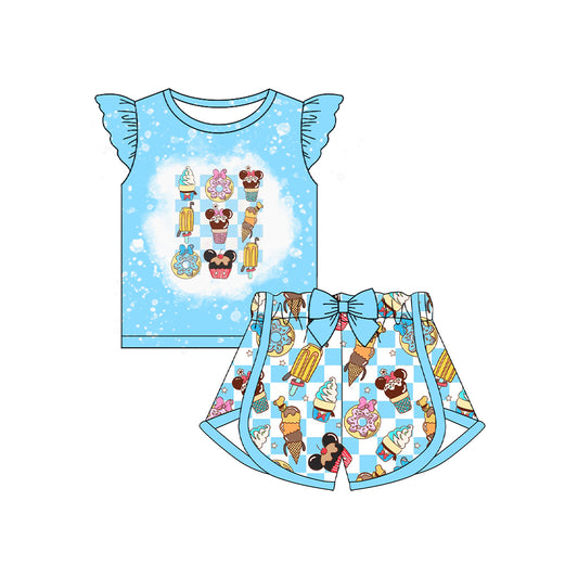 presale  GSSO2589  Baby Girls Blue Flutter Sleeves Cartoon Mouse Ice Cream Top Plaid Short Set D 4.12