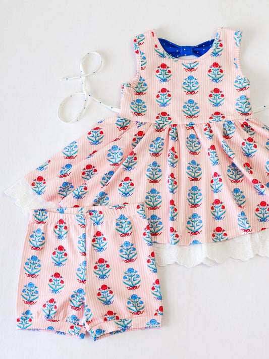 presale GSSO2590  Baby Girls Pink Stripe Sleeveless Flowers Plaid Lace Tunic Short Set   D 4.12