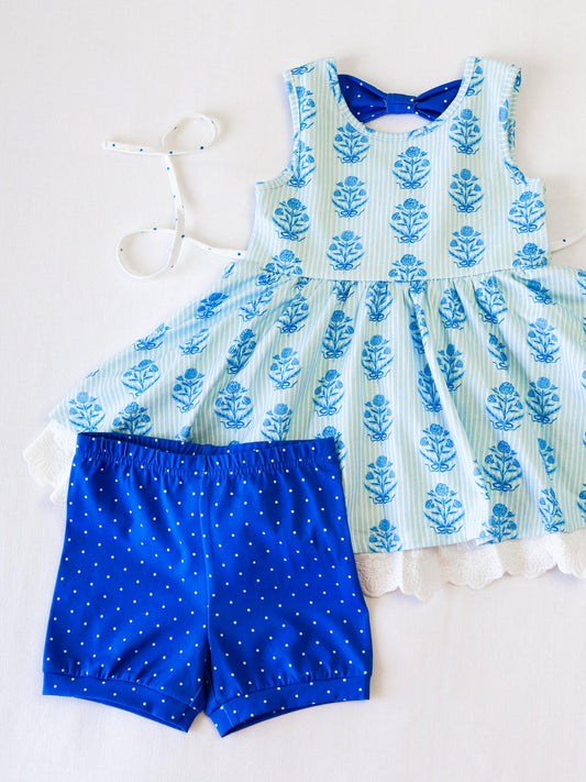 presale GSSO2591  Baby Girls Blue Stripe Flowers Plaid Lace Tunic Polka Dots Short Set  D 4.12