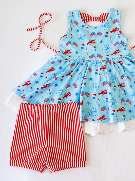presale GSSO2592  Baby Girls Blue Flags Firework Lace Tunic Red Stripe 4th Of July Short Set D 4.12