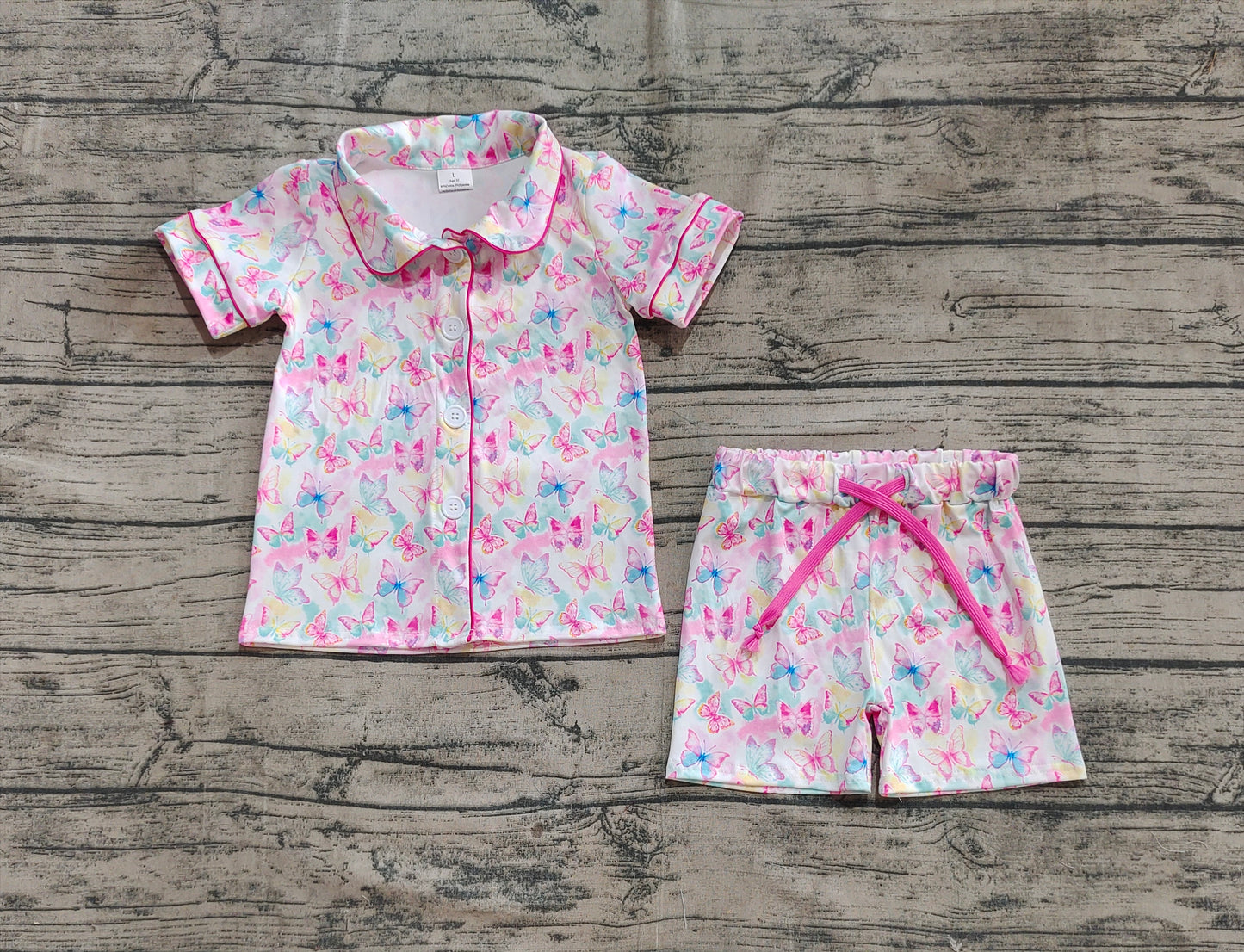 GSSO2601 Baby Girls Short Sleeves Colorful Butterfly Butter Top Short Pajamas Set  D 5.24
