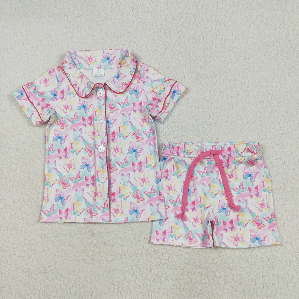 GSSO2601 Baby Girl Short Sleeve Colorful Butterfly Butter Top Short Pajamas Set