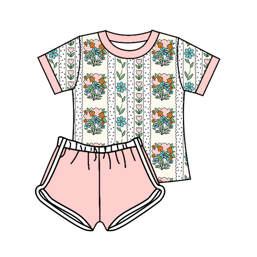 presale GSSO2607 Baby Girls Short Sleeves Floral Stripe Top Short Set  D 4.19