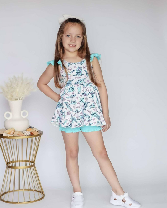 presale GSSO2608 Baby Girls Flutter Sleeves Tortoises Shell Tunic Ruffle Short Set D 4.19