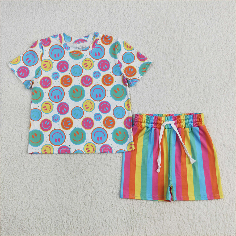 GSSO2609 Baby Girls Short Sleeve Colorful Smile Face Striped Short Set
