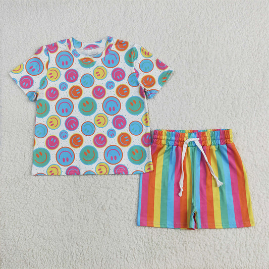 GSSO2609 Baby Girls Short Sleeve Colorful Smile Face Striped Short Set