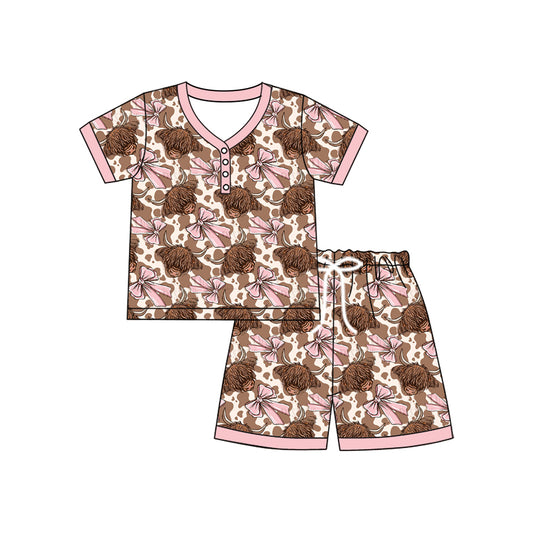 presale GSSO2610 Adult Women Short Sleeves Button Highland Cow Print Pink Bows Top Short Pajamas Sets D 4.21