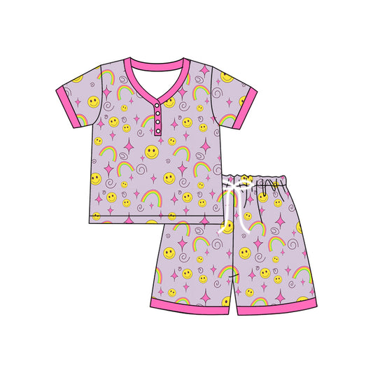 presale GSSO2611 Adult Women Short Sleeves Button Smiles Rainbows Top Short Pajamas Sets D 4.21