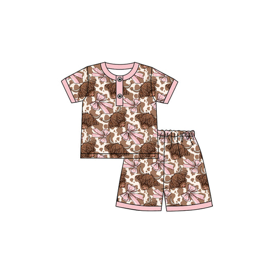 presale GSSO2612  Baby Girls Short Sleeves Bows Highland Cows Print Button Top Short Pajamas Set D 4.21