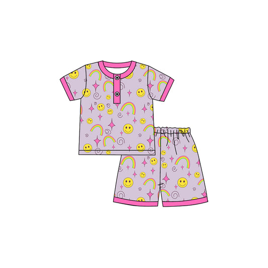 presale GSSO2613 Baby Girls Short Sleeves Smiles Rainbows Button Top Short Pajamas Set D 4.21
