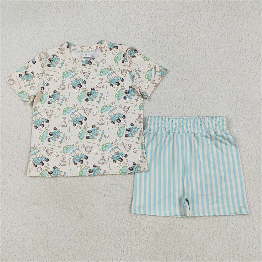 GSSO2614 Baby Girls Short Sleeves Golf Top Blue Stripes Short Pajamas Set D 5.22