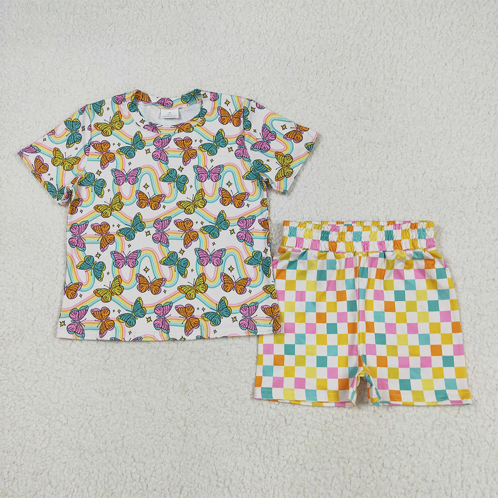 GSSO2615  Baby Girls Short Sleeve Butterfly Colorful Plaid Short Set