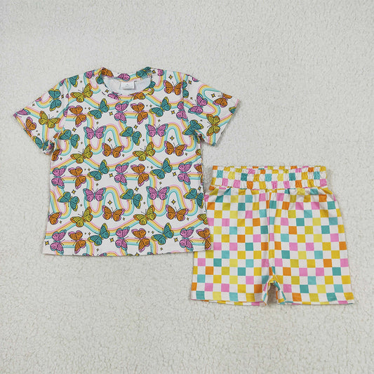 GSSO2615  Baby Girls Short Sleeves Butterfly Rainbows Top Colorful Plaid Short Pajamas Set D 5.24