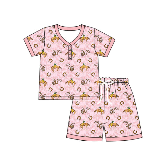 presale GSSO2617 Adult Women Pink Short Sleeves Horse Rodeos Button Top Short Pajamas Sets D 4.21