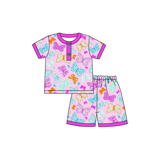 presale GSSO2619 Baby Girls Hot Pink Short Sleeves Butterfly Button Top Short Pajamas Set D 4.21