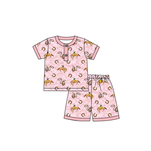 presale GSSO2620 Baby Girls Pink Short Sleeves Horse Rodeos Button Top Short Pajamas Set D 4.21