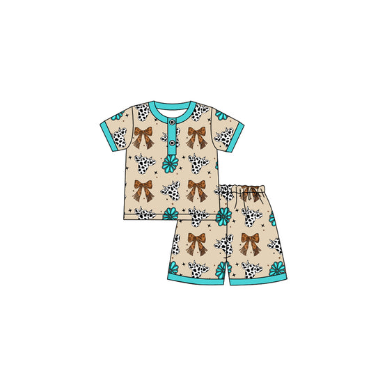 presale GSSO2621 Baby Girls Short Sleeves Bows Cow Print Button Top Short Pajamas Set D 4.21