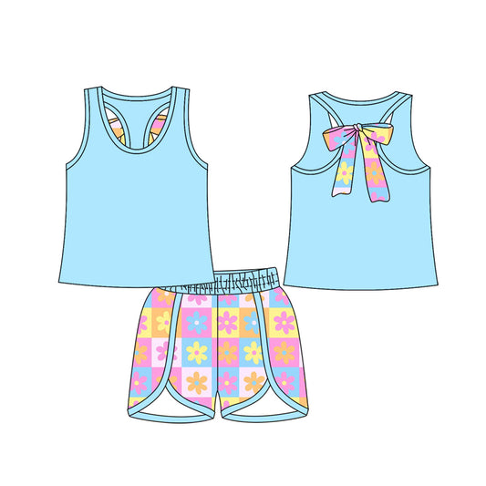 presale GSSO2622 Baby Girls Blue Sleeveless Bow Vest Top Flowers Plaid Shorts Set  D 4.21
