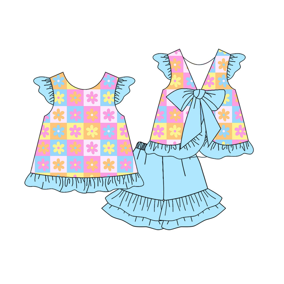 GSSO2623  Baby Girls Blue Flutter Sleeves Flowers Plaid Tunic Ruffle Shorts Set  D 5.22