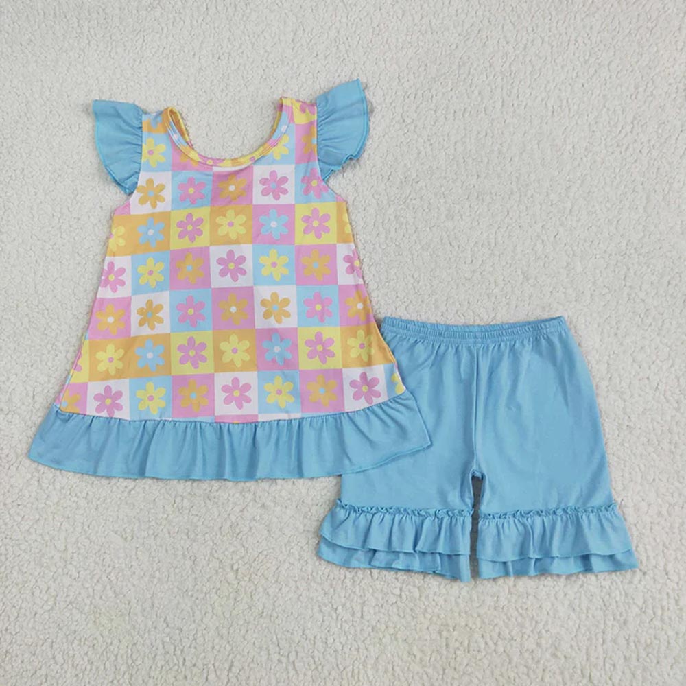 Sibling Baby Girls Blue Top Flowers Rompers Summer Outfits Sets D 7.7