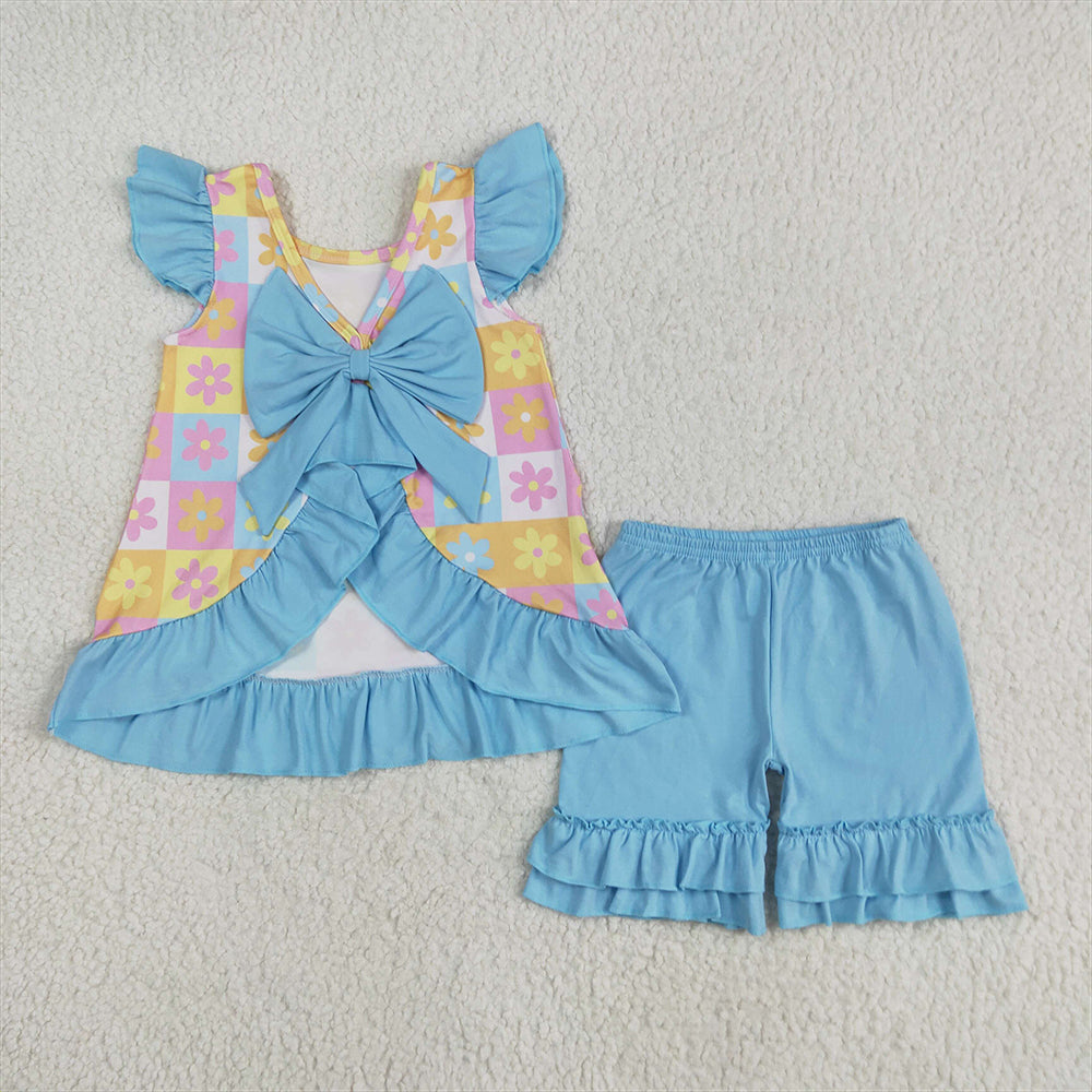 GSSO2623  Baby Girls Blue Flutter Sleeves Flowers Plaid Tunic Ruffle Shorts Set  D 5.22