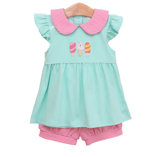 presale GSSO2624 Baby Girls Aqua Flutter Sleeves Popsicle Tunic Pink Stripe Short Set  D 4.25