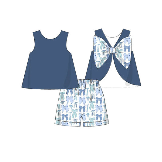 presale GSSO2632 Teal Bow Pattern Solid Sleeveless Shorts Set D 5.7