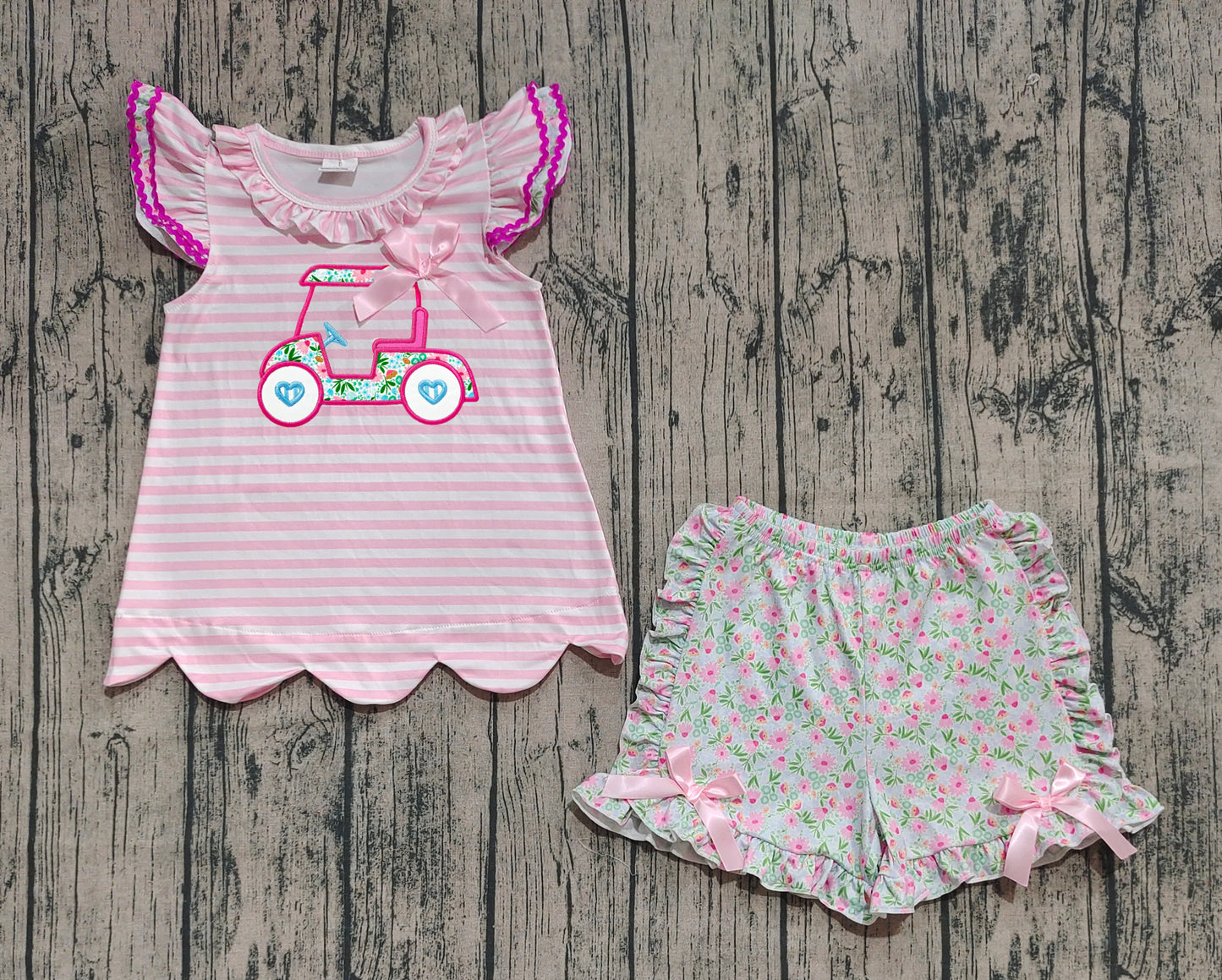 GSSO2633  Baby Girls Flutter Sleeves Floral Golf Truck Tunic Ruffle Short Set  D 8.2
