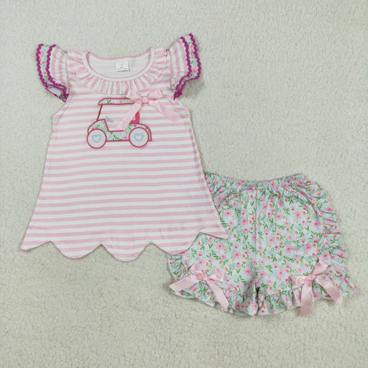 GSSO2633  Baby Girls Flutter Sleeves Floral Golf Truck Tunic Ruffle Short Set  D 8.2